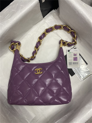 Ch*el small hobo bag shiny lambskin gold tone metal purple as4922