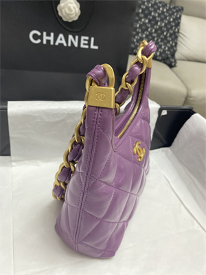 Ch*el small hobo bag shiny lambskin gold tone metal purple as4922