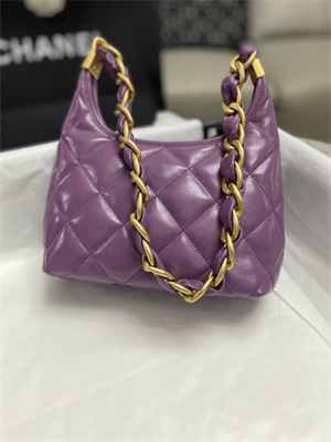 Ch*el small hobo bag shiny lambskin gold tone metal purple as4922