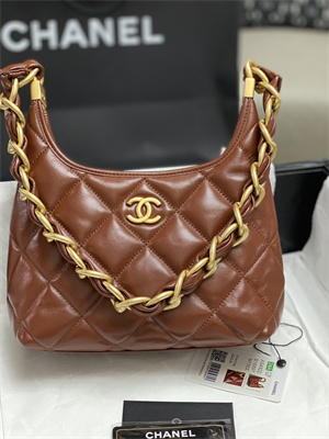 Ch*el small hobo bag shiny lambskin gold tone metal brown as4922