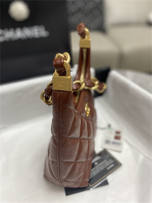 Ch*el small hobo bag shiny lambskin gold tone metal brown as4922