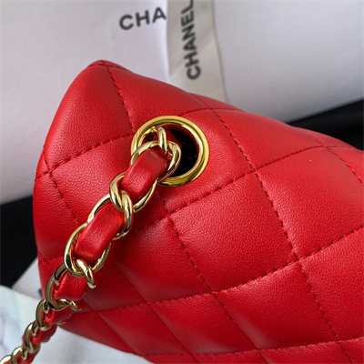 Cha.nel Mini Classic Flap Bag Lambskin Gold Tone Metal Red 01116
