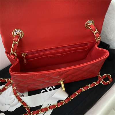 Cha.nel Mini Classic Flap Bag Lambskin Gold Tone Metal Red 01116