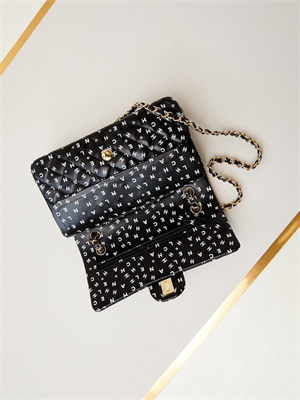 Ch*el medium classic handbag black calfskin with white letters as1112