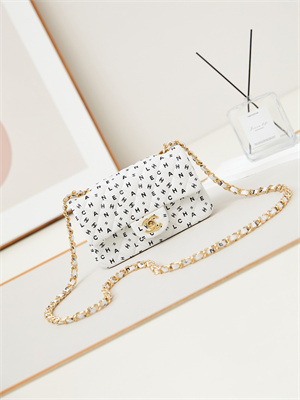 Ch*el mini classic handbag white calfskin with black letters as1116