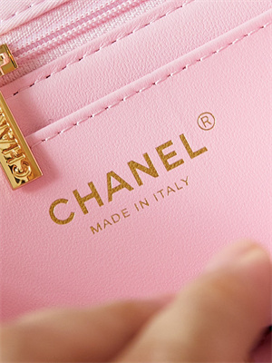 Ch*el medium classic handbag pink fabric with black dot as4720