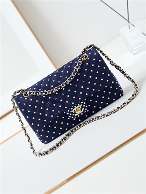 Ch*el medium classic handbag dk blue fabric with white dot as4720