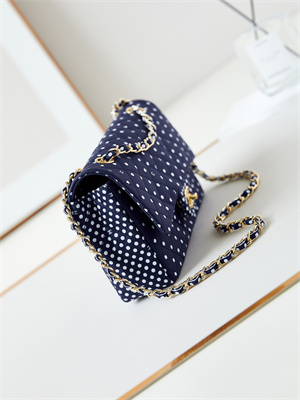 Ch*el medium classic handbag dk blue fabric with white dot as4720