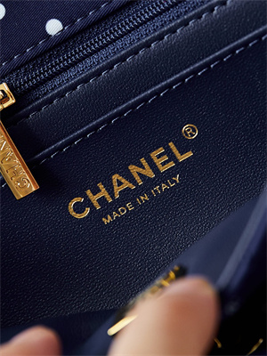 Ch*el medium classic handbag dk blue fabric with white dot as4720