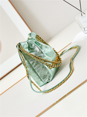 Ch*el 22 mini handbag metallic calfskin gold tone metal green as3980