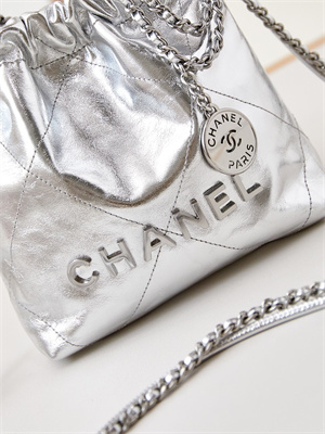 Ch*el 22 mini handbag metallic calfskin silver tone metal silver as3980