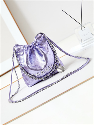 Ch*el 22 mini handbag metallic calfskin silver tone metal purple as3980