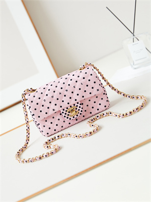 Ch*el mini classic handbag pink fabric with black dot a69900