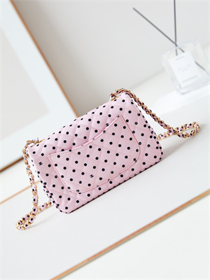 Ch*el mini classic handbag pink fabric with black dot a69900
