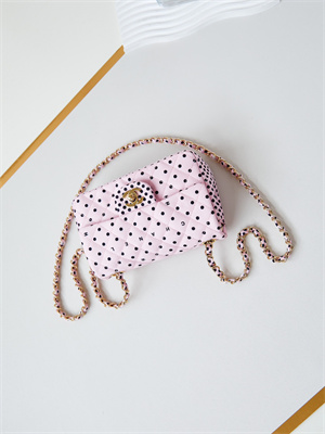 Ch*el mini classic handbag pink fabric with black dot a69900