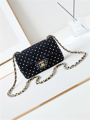 Ch*el mini classic handbag black fabric with white dot a69900