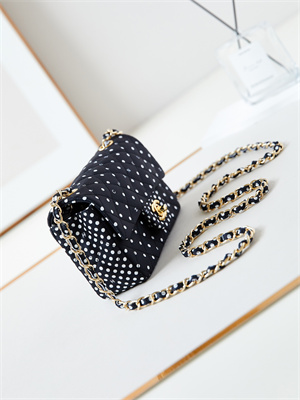 Ch*el mini classic handbag black fabric with white dot a69900