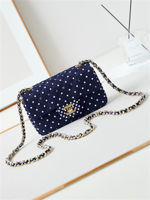 Ch*el mini classic handbag dk blue fabric with white dot a69900