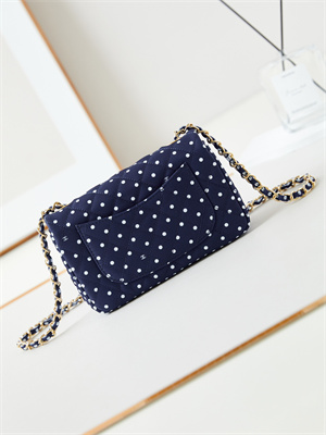 Ch*el mini classic handbag dk blue fabric with white dot a69900