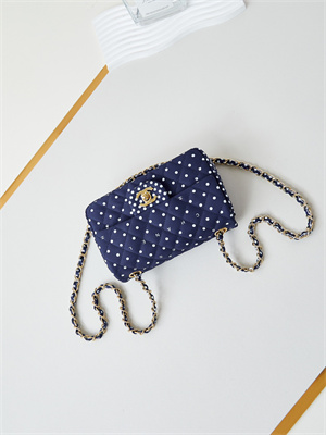 Ch*el mini classic handbag dk blue fabric with white dot a69900