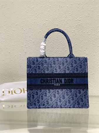 cd small book tote blue denim D*or  oblique jacquard