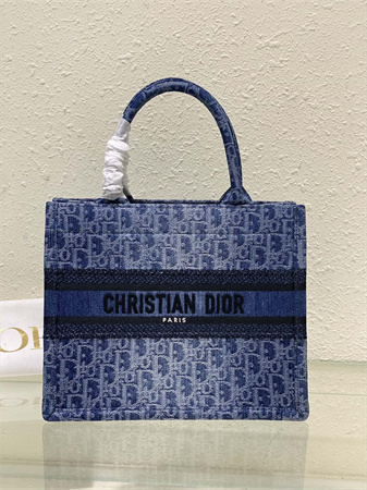 cd small book tote blue denim D*or  oblique jacquard