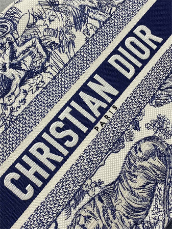 CD Medium Book Tote With Strap White and Navy Blue Toile de Jouy Sauvage Embroidery With Navy Blue Calfskin