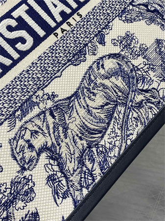 CD Medium Book Tote With Strap White and Navy Blue Toile de Jouy Sauvage Embroidery With Navy Blue Calfskin