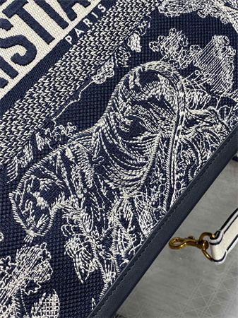 CD Medium Book Tote With Strap Blue and Ecru Toile de Jouy Reverse Embroidery and Blue Calfskin