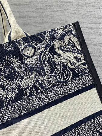 CD Medium Book Tote With Strap Blue and Ecru Toile de Jouy Reverse Embroidery and Blue Calfskin