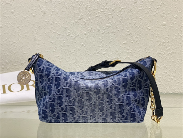 D*orstar hobo bag with chain blue denim D*or oblique jacquard