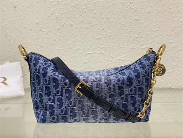 D*orstar hobo bag with chain blue denim D*or oblique jacquard
