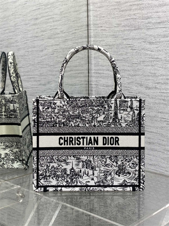 CD Small Book Tote White and Black Paris Allover Embroidery