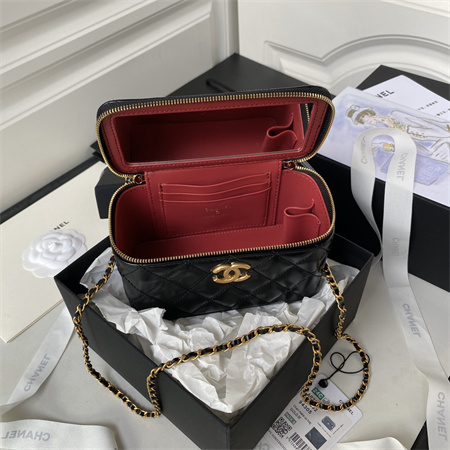 Ch*el vanity case with gold ball lambksin gold tone metal black ap3651
