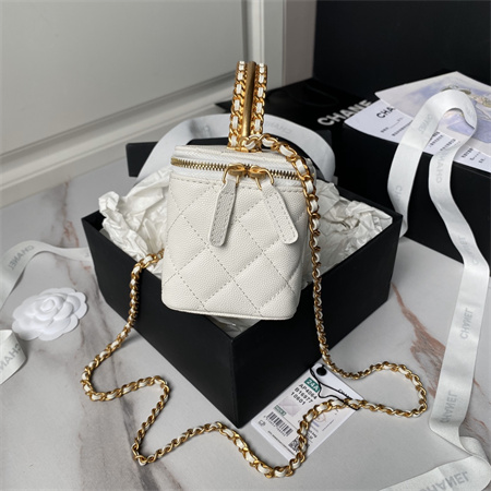 Ch*el vanity case with top handle grained calfskin gold tone metal white ap4064