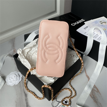 Ch*el vanity case with top handle grained calfskin gold tone metal pink ap4064