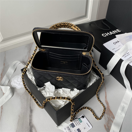 Ch*el vanity case with top handle grained calfskin gold tone metal black ap4064