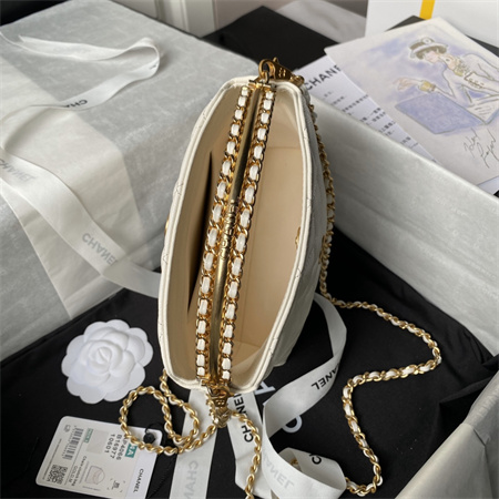 Ch*el clutch with chain grained shiny calfskin & gold-tone metal white ap4066