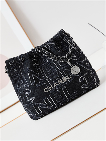 Cha.nel 22 Small Handbag Black Denim Silver Tone Metal AS3260