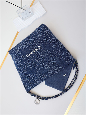 Cha.nel 22 Small Handbag Dk Blue Denim Silver Tone Metal AS3260