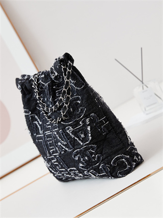 Cha.nel 22 Medium Handbag Black Denim Silver Tone Metal AS3261