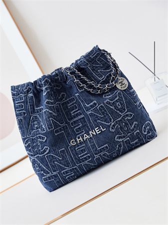 Cha.nel 22 Medium Handbag Dk Blue Denim Silver Tone Metal AS3261