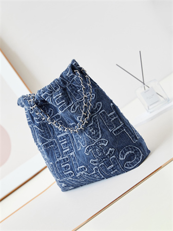 Cha.nel 22 Medium Handbag Dk Blue Denim Silver Tone Metal AS3261