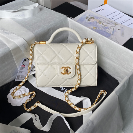 Ch*el mini flap bag with top handle grained shinny calfskin gold tone metal white as4956