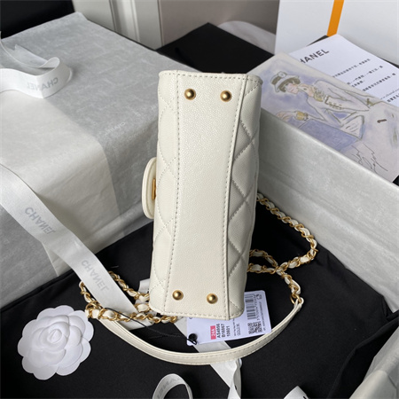 Ch*el mini flap bag with top handle grained shinny calfskin gold tone metal white as4956