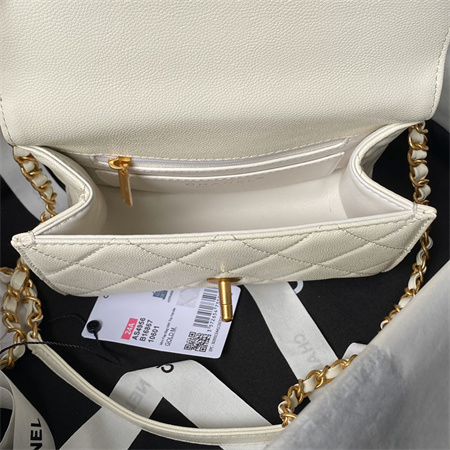 Ch*el mini flap bag with top handle grained shinny calfskin gold tone metal white as4956