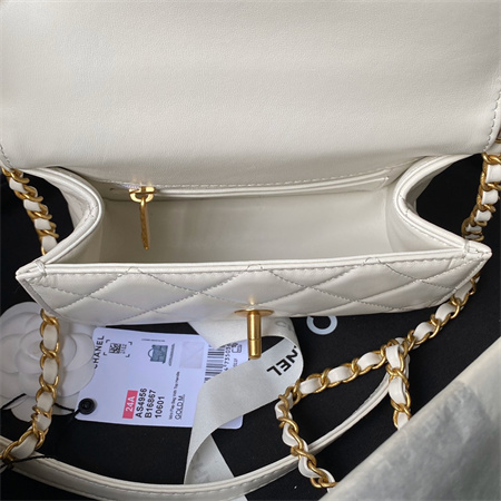 Ch*el mini flap bag with top handle lambskin gold tone metal white as4956
