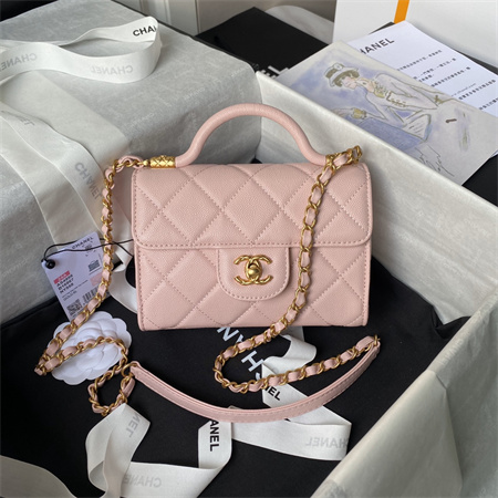 Ch*el mini flap bag with top handle grained shinny calfskin gold tone metal pink as4956