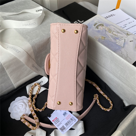 Ch*el mini flap bag with top handle grained shinny calfskin gold tone metal pink as4956