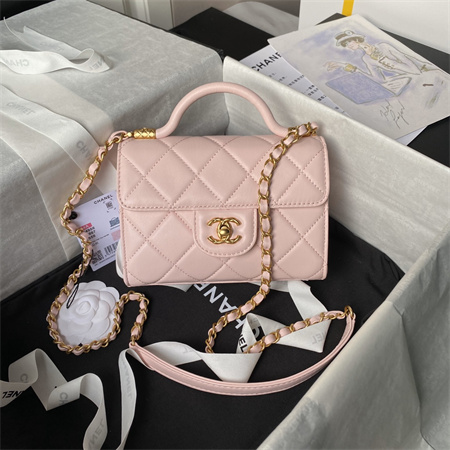 Ch*el mini flap bag with top handle lambskin gold tone metal pink as4956